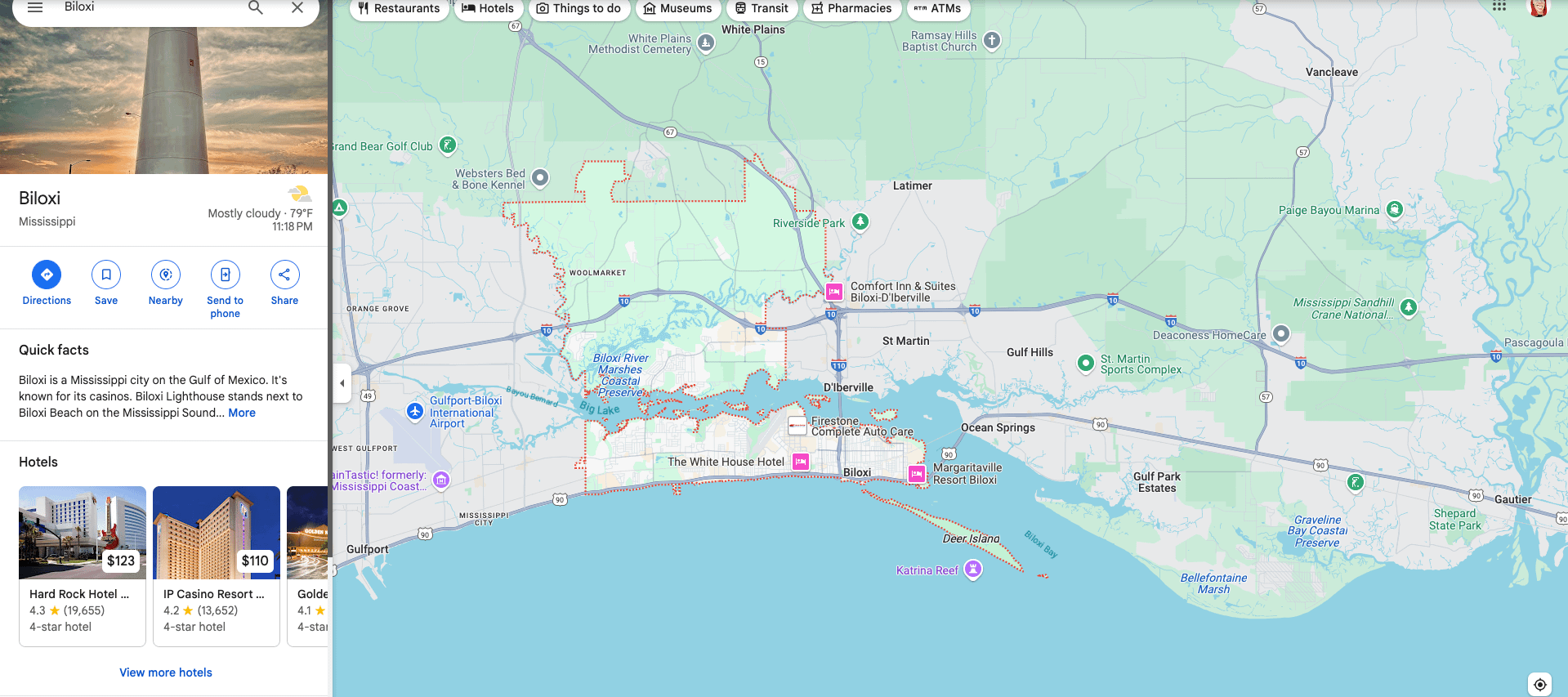 A digital map displays Biloxi, Mississippi, and the Gulf Coast, with landmarks, hotels, and major roads labeled. The left panel offers local info, weather, hotel listings with photos—plus tips to optimize your Google Business Profile for better visibility.